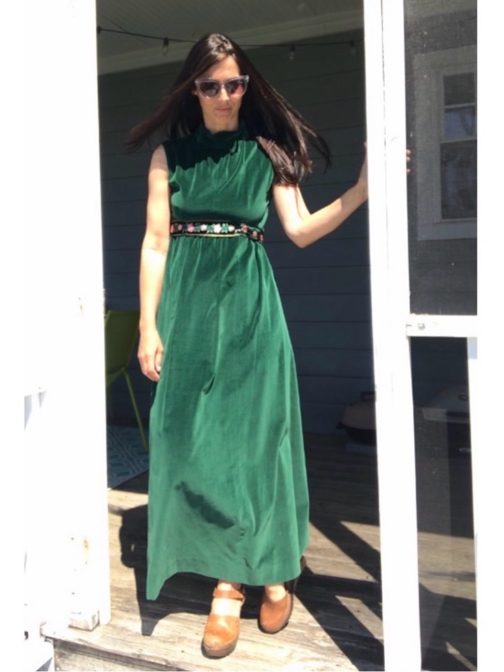 Sleeveless Emerald Green Maxi Dress with Embroidered Waist - Vintage